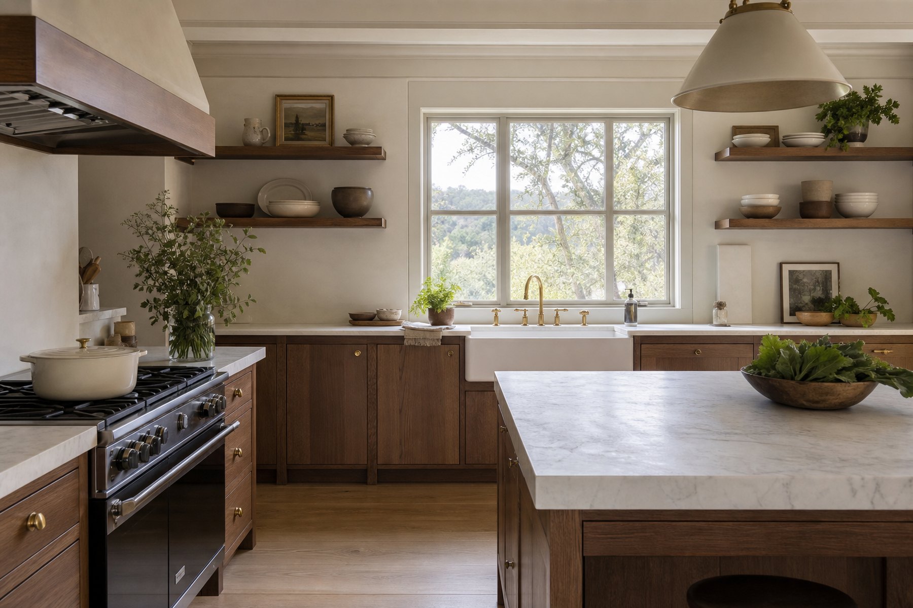 Marble and walnut kitchen in a Texas hill country home