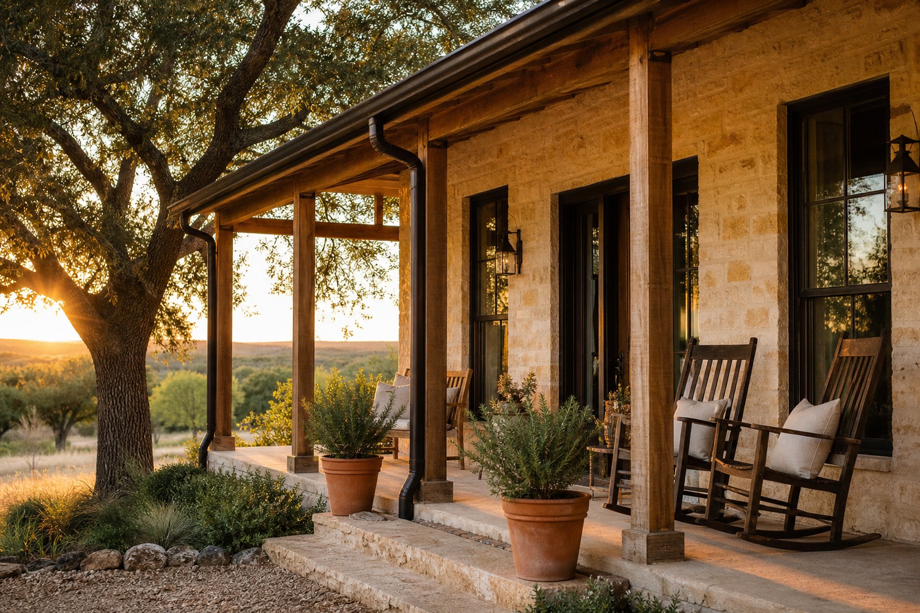 Sunlit front porch of a Texas hill country limestone home