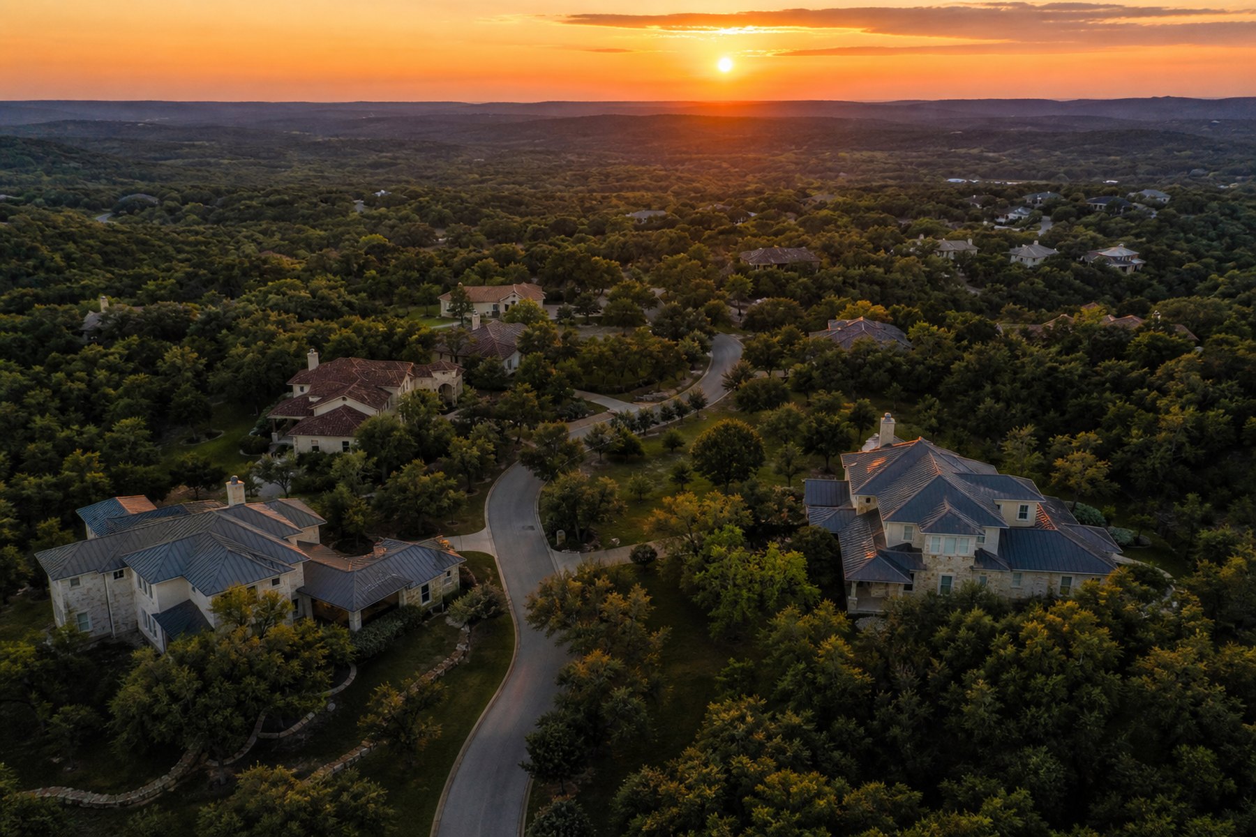 Leafy Texas hill country neighborhood at sunset